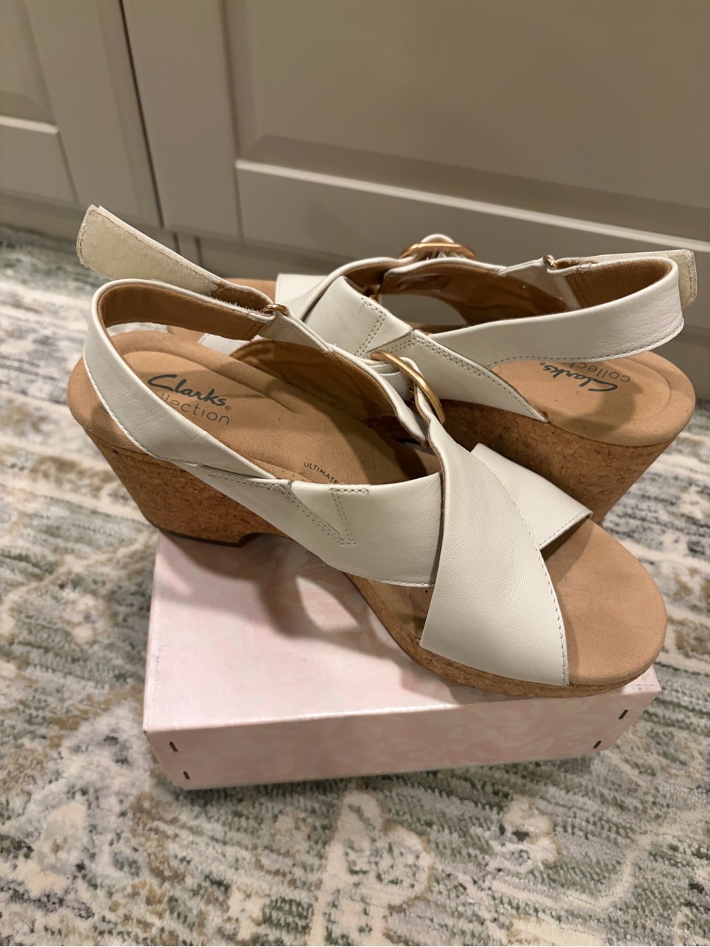 Clarks Cream Leather Cork Wedge Sandals